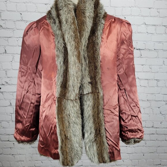 VTG Outerlayers Brown Faux Fur Shawl Collar Pockets Lined Coat USA Large L - Picture 9 of 16